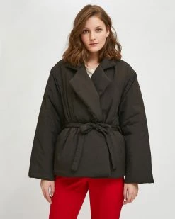 Compañía Fantástica Tie Waist Puffy Coat - Black Clothing