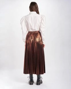 En Saison Brown Pleated Metallic Midi Skirt