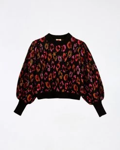 Farm Rio Black Ikat-Dyed Leopard Ball Sweater Clothing