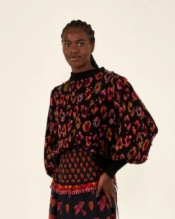 Farm Rio Black Ikat-Dyed Leopard Ball Sweater Clothing