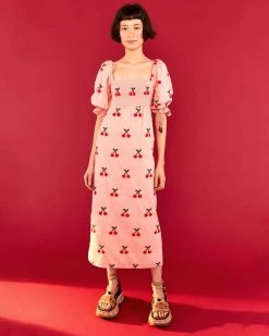 Farm Rio Clothing Cherry Cross - Stitch Midi Dress
