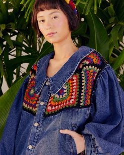 Farm Rio Crochet Embroidered Denim Jacket