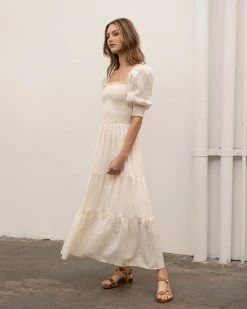 Moon River Clothing Smocked Square Neck Midi Dress - Cream