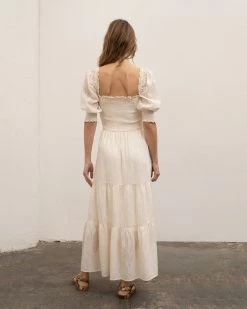 Moon River Clothing Smocked Square Neck Midi Dress - Cream