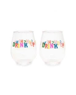 Ban.do Party On Wine Glass Set Of 2 - Drink Up The Sunshine Living