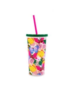 Ban.do Sip Sip Tumbler With Straw - Berry Butterfly White