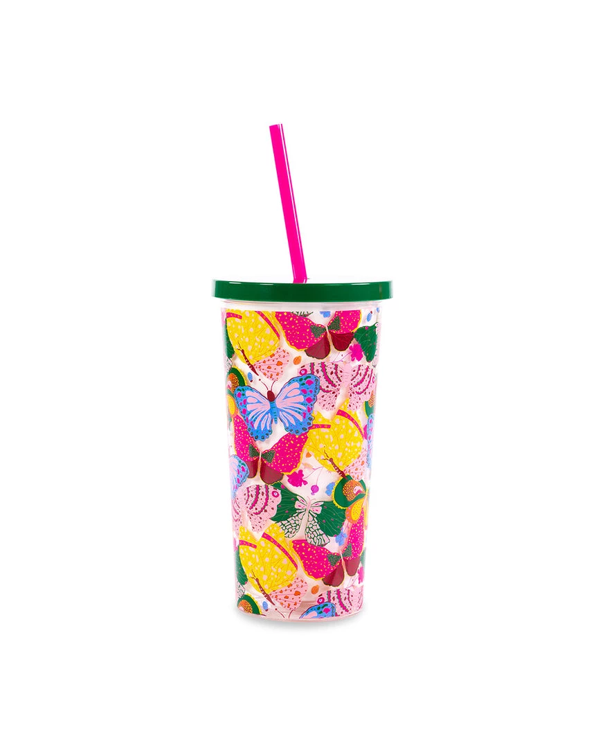 Ban.do Sip Sip Tumbler With Straw - Berry Butterfly White 1 Ban.do Sip Sip Tumbler With Straw - Berry Butterfly White