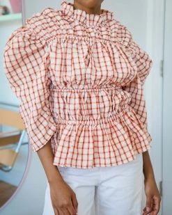 Ghospell Sunrise Check Ruched Top